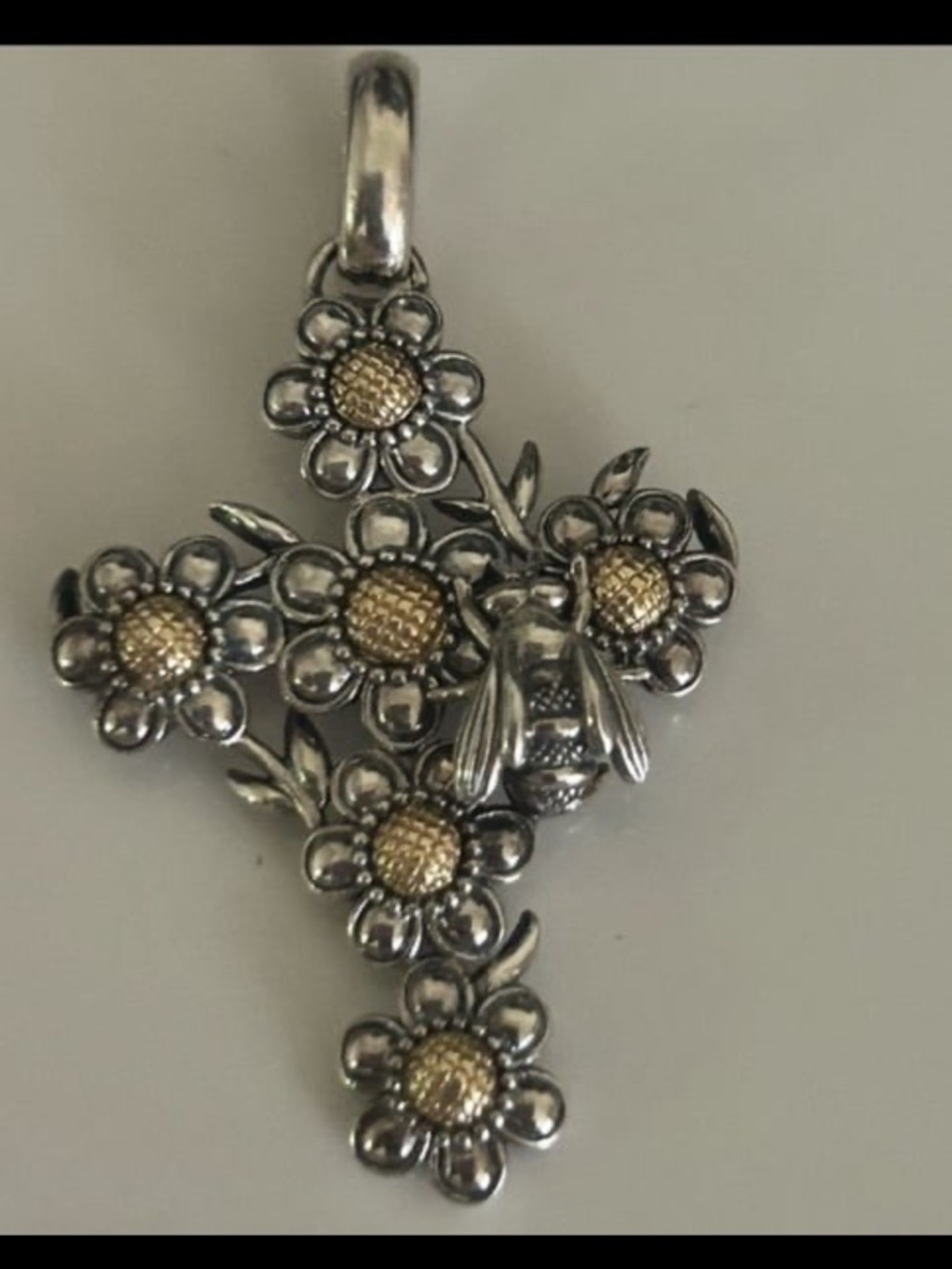 Barry Kieselstein KC Studio Silver 14K Gold Flower Bee Cross Enhancer Pendant - Picture 10 of 13